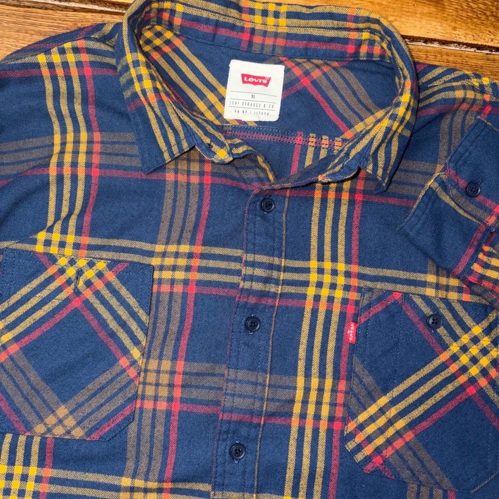 Levi's Flannel Shirt Mens XL Blue Yellow Plaid Long Sleeve Button Up Western